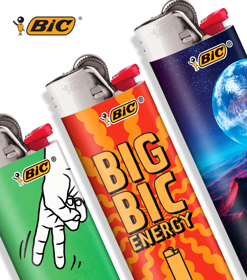 Three BIC lighters with graphics and one that reads: Big BIC Energy.