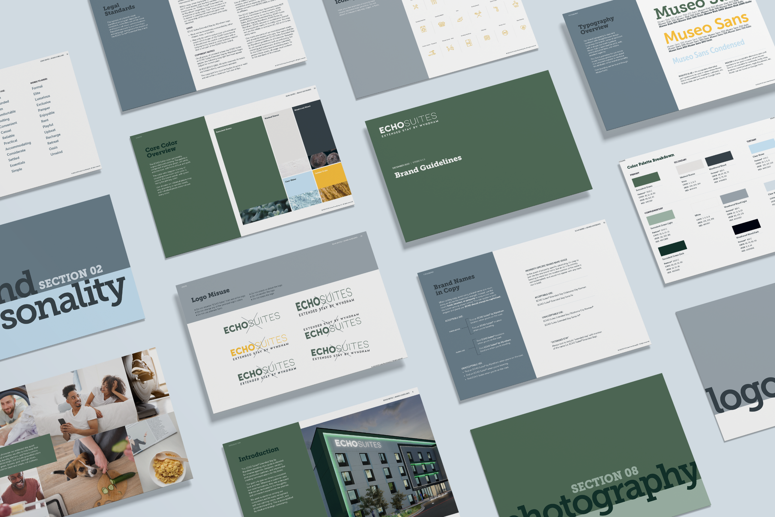 Pages from the Echo Suites brand guidelines toolkit