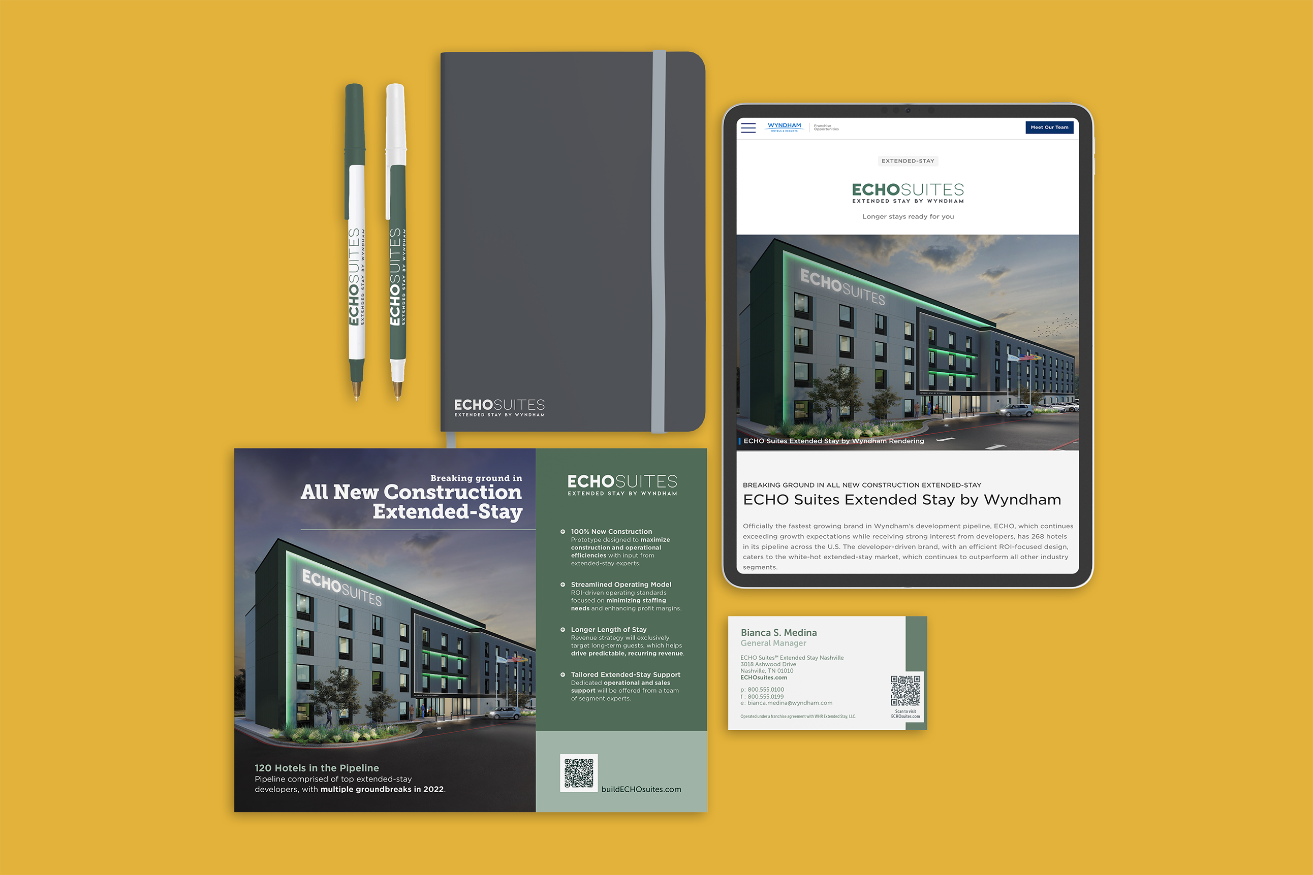 Echo Suites collateral items: pens, notebook, postcard, website, and business card