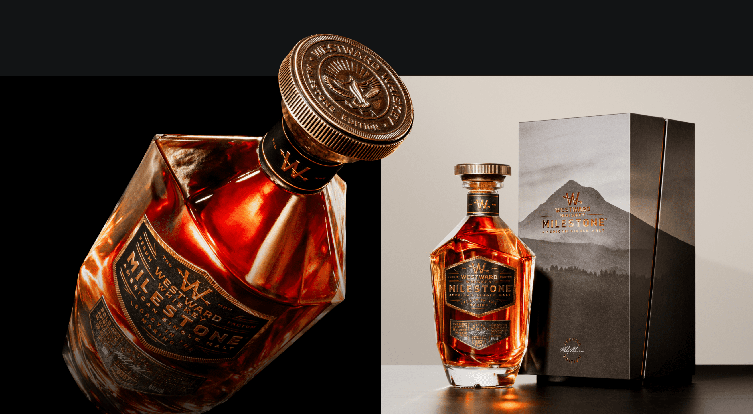 Close up image collage of Westward Whiskey Milestone Edition bottle and packaging.