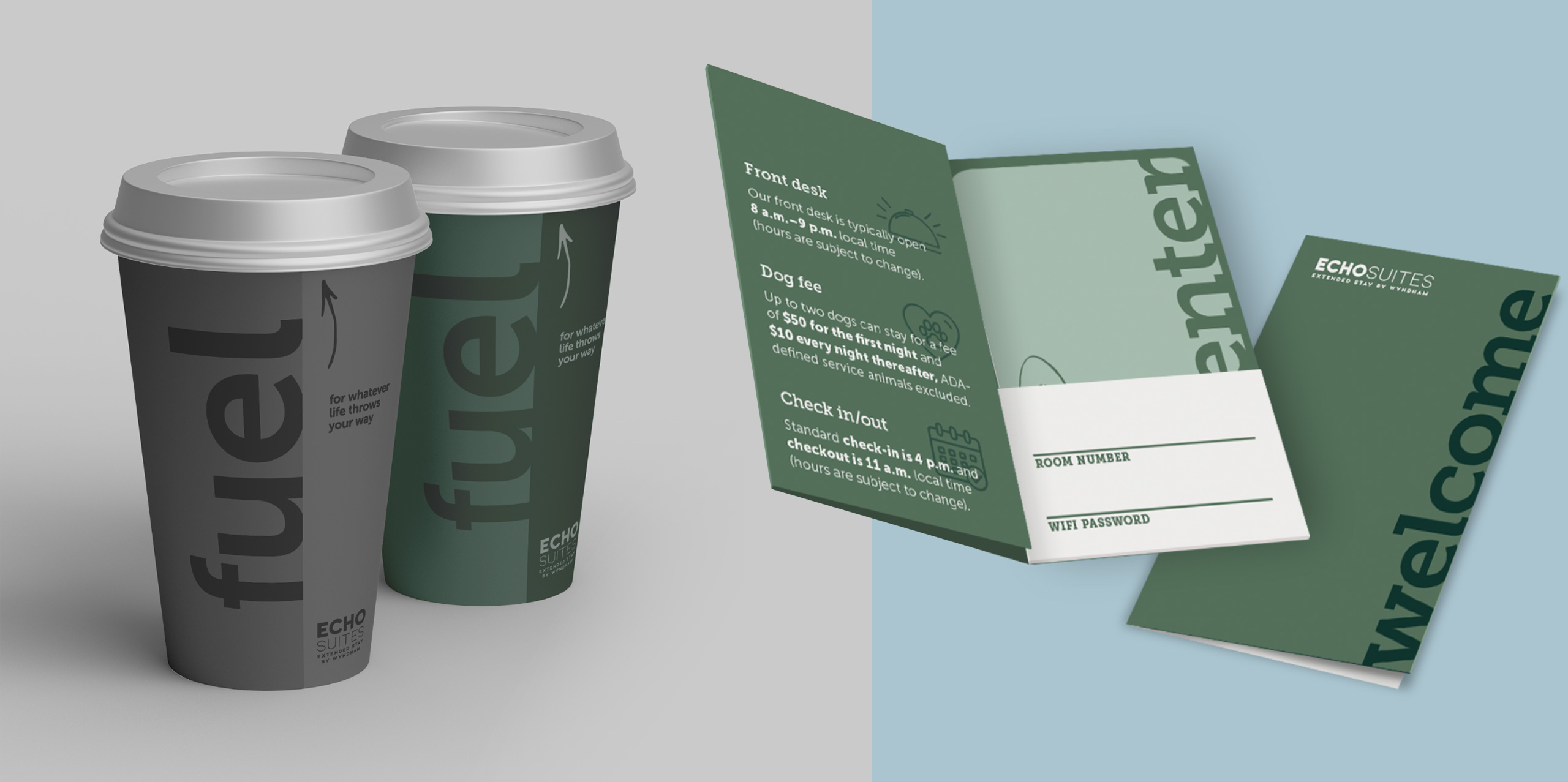 Examples of Echo Suites branded coffee cups and key card holder