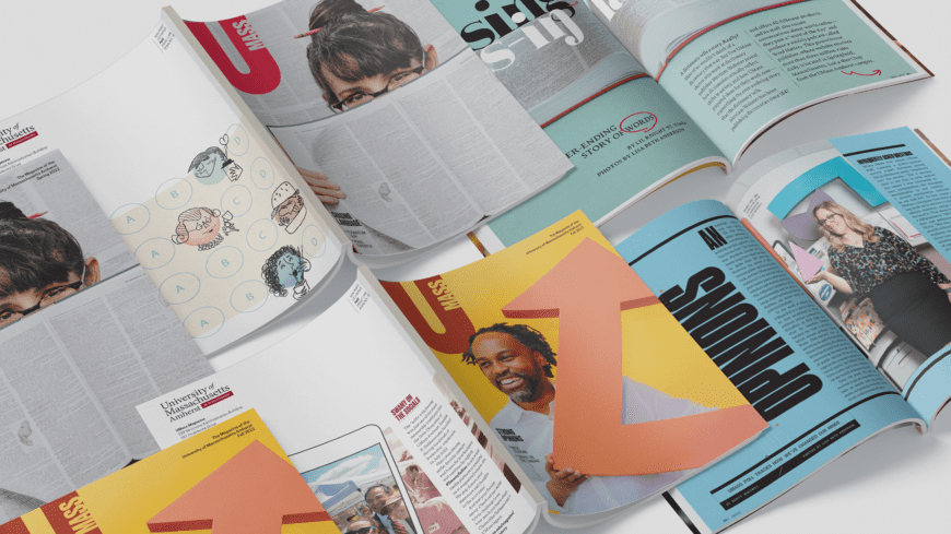Two cover images and inside spreads of the UMass 2022 Fall and Spring Editions.