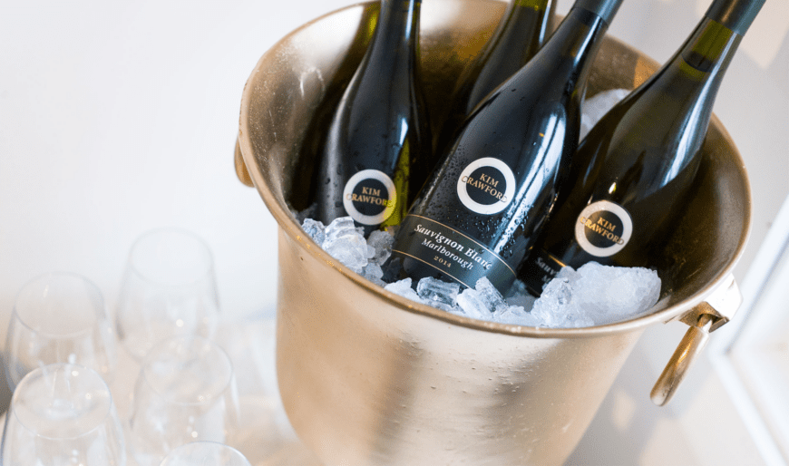 Bucket of Kim Crawford Sauvignon Blanc Marlborough 2014 bottles with ice.