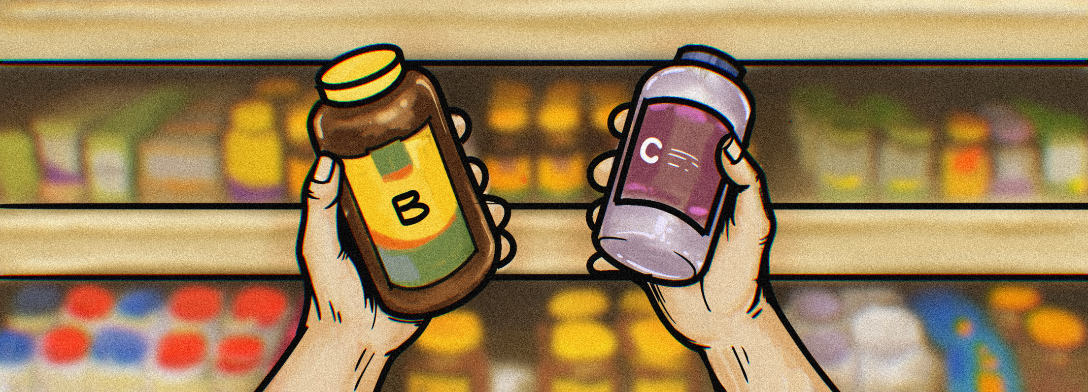 An illustration of shopper deciding between 2 different vitamin brands