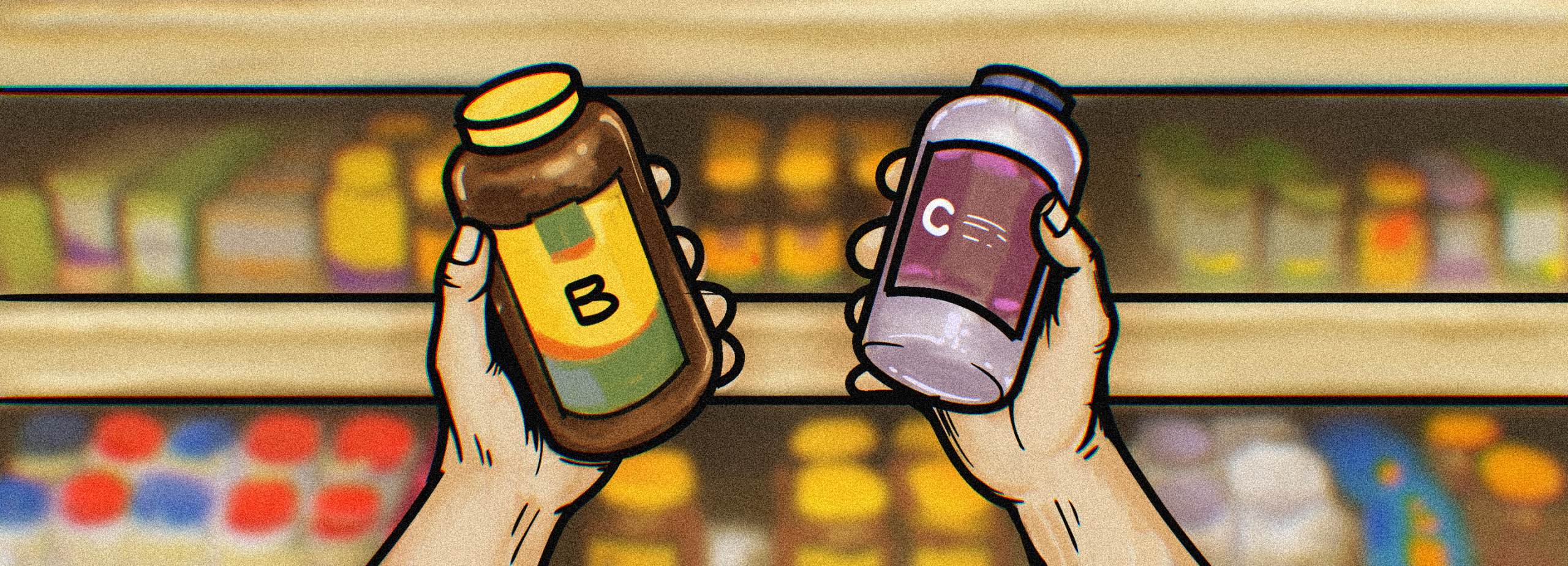 An illustration of shopper deciding between 2 different vitamin brands